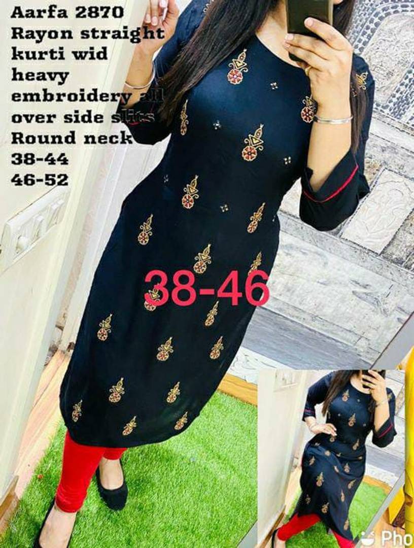 Stylish Rayon Navy Blue Embroidered 3/4 Sleeves Kurta For Women